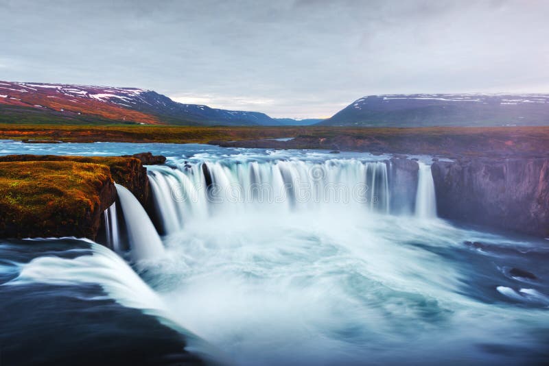 Godafoss waterfall on Skjalfandafljot river. Colorful sunrise on Godafoss waterfall on Skjalfandafljot river, Iceland, Europe stock image Godafoss waterfall on Skjalfandafljot river. Colorful sunrise on Godafoss waterfall on Skjalfandafljot river, Iceland, Europe stock image