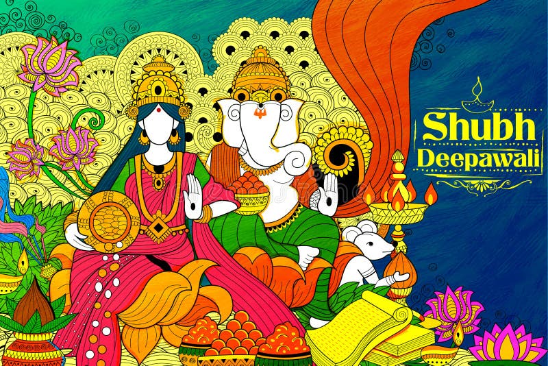 Goddess Lakshmi and Lord Ganesha on happy Diwali Holiday doodle background for light festival of India