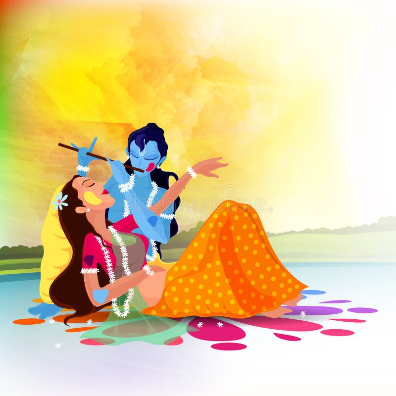 Goddess Radha with Lord Krishna for Holi celebration. Hindu mythological Goddess Radha with Lord Krishna playing flute on nature background for Indian Festival stock illustration