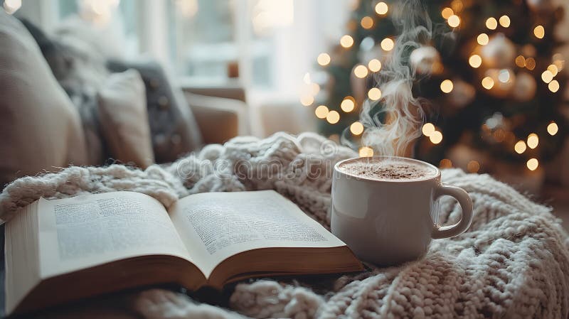 Godersi un piacevole momento di lettura con un caffè vicino all'albero invernale. aizione generativa. Una bevanda calda e un libro aperto creano un'atmosfera pacifica in inverno