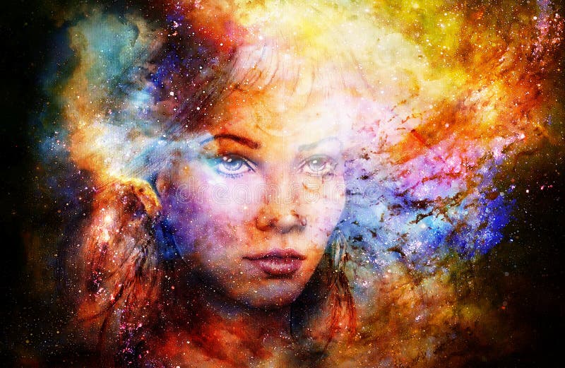 Godinvrouw in Kosmische ruimte Kosmische ruimteachtergrond royalty-vrije illustratie Godinvrouw in Kosmische ruimte Kosmische ruimteachtergrond royalty-vrije illustratie