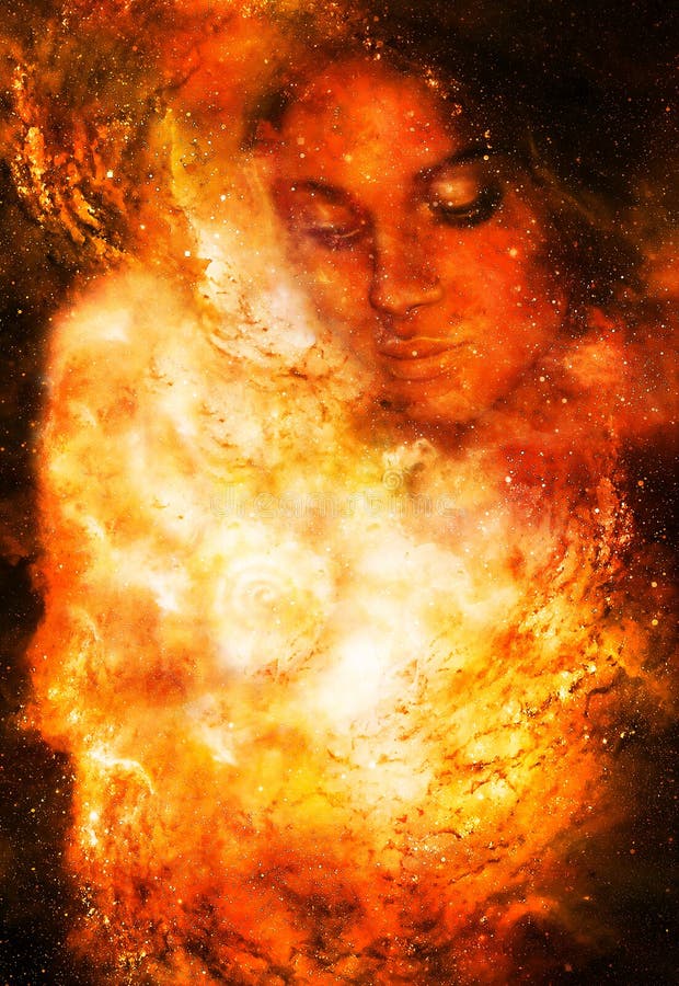 Godinvrouw in Kosmische ruimte Kosmische ruimteachtergrond Oogcontact Brandeffect vector illustratie Godinvrouw in Kosmische ruimte Kosmische ruimteachtergrond Oogcontact Brandeffect vector illustratie