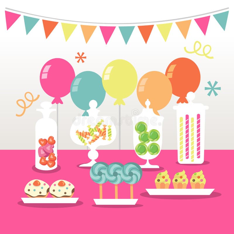 A chic illustration of a candy buffet party: candies in apothecary jars, lollipops, balloons and other sweet treats. A chic illustration of a candy buffet party: candies in apothecary jars, lollipops, balloons and other sweet treats.