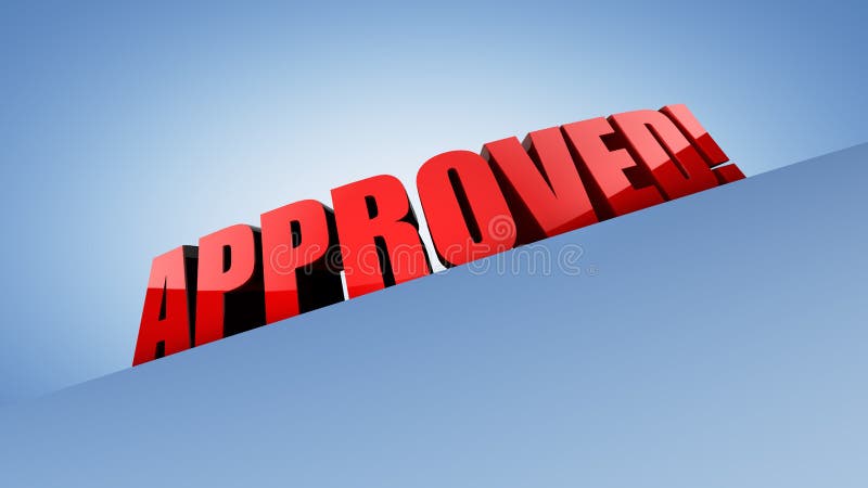 An illustration of a red colored 3D banner for sale with caption 'APPROVED!, on a blue background. An illustration of a red colored 3D banner for sale with caption 'APPROVED!, on a blue background.