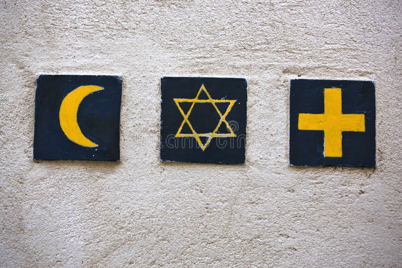 Godsdienstige symbolen: de ster van Islamitisch toenemend, Joods David, christelijk kruis stock afbeelding Godsdienstige symbolen: de ster van Islamitisch toenemend, Joods David, christelijk kruis stock afbeelding