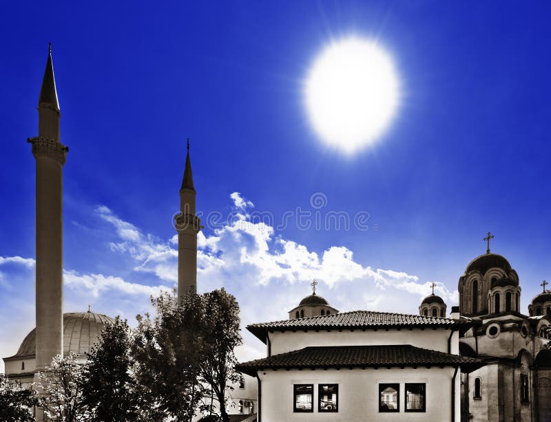 Mosque and Church in Kosovo close to each other. Mosque and Church in Kosovo close to each other.