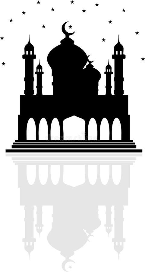 Godsdienstmoskee met Toenemende maan en sterren, en een bezinning o vector illustratie Godsdienstmoskee met Toenemende maan en sterren, en een bezinning o vector illustratie