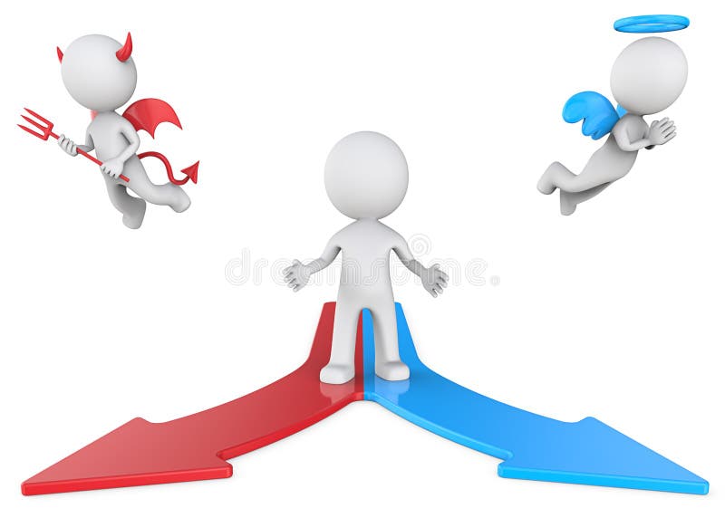 3D computer generated man on diverging blue and red path with angle and devil hovering overhead. 3D computer generated man on diverging blue and red path with angle and devil hovering overhead.