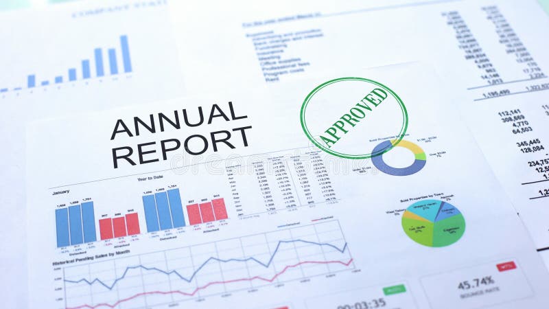 Annual report approved, seal stamped on official document, business project, stock photo. Annual report approved, seal stamped on official document, business project, stock photo