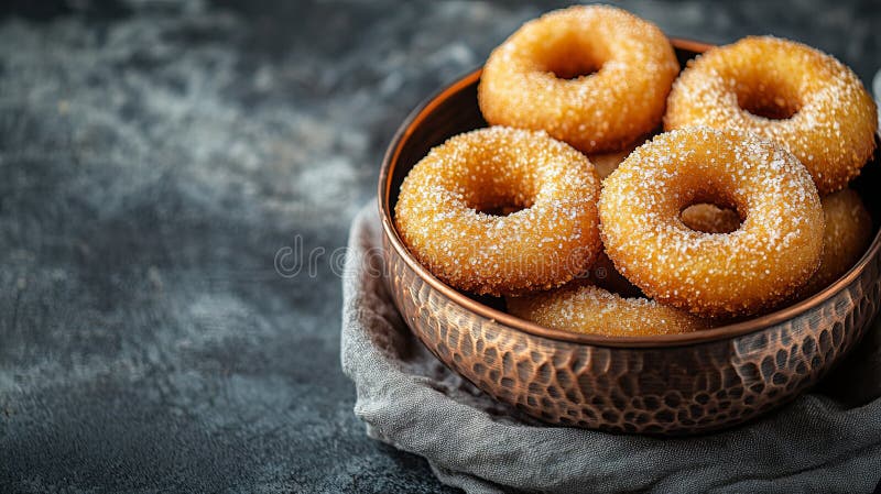 Gogoși cu zahăr delicios într-un castron de cupru tradițional stock photography