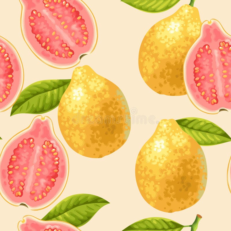 Guava fruits whole and slices vector seamless background. Guava fruits whole and slices vector seamless background