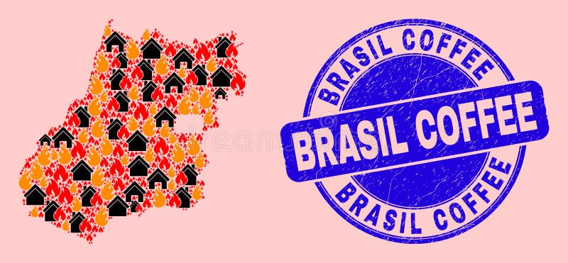 Goias State Map Collage of Fire and Homes and Textured Brasil Coffee Seal Stamp vector illustration