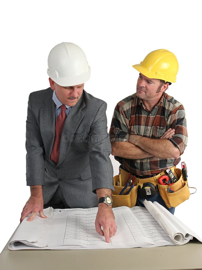 An engineer explaining the blueprints to the construction foreman - isolated. Architect uniform stock images, royalty-free photos and pictures