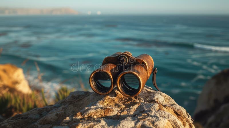 A pair of binoculars rests on a sturdy rock overlooking the ocean, where wind waves crash against the rocky shores and liquid water meets solid bedrock AIG50 AI generated. A pair of binoculars rests on a sturdy rock overlooking the ocean, where wind waves crash against the rocky shores and liquid water meets solid bedrock AIG50 AI generated