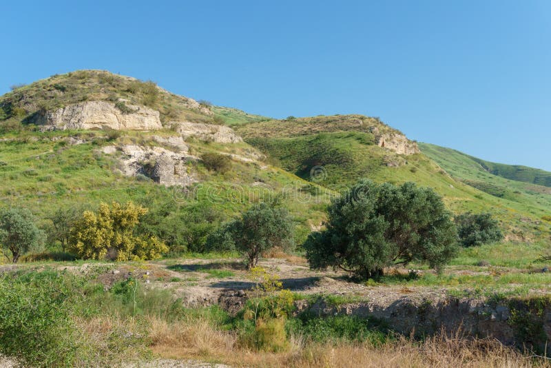 Golan Heights, Israel - March 31, 2018: Kursi National Park impressive remains of a monastery and church from the Byzantine period. Golan Heights, Israel - March 31, 2018: Kursi National Park impressive remains of a monastery and church from the Byzantine period