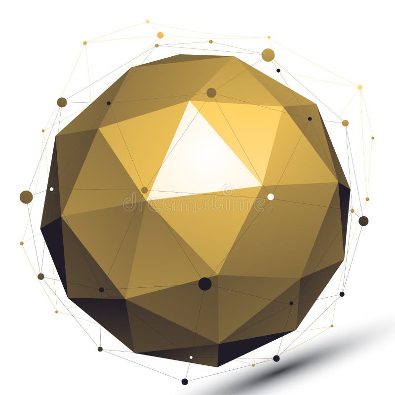 Gold abstract technological 3D vector network object, art spherical glossy wireframe figure. royalty free illustration