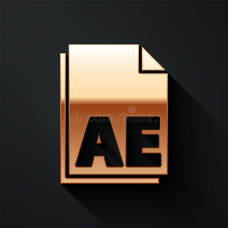 Gold AE file document icon isolated on black background. Long shadow style. Vector Illustration