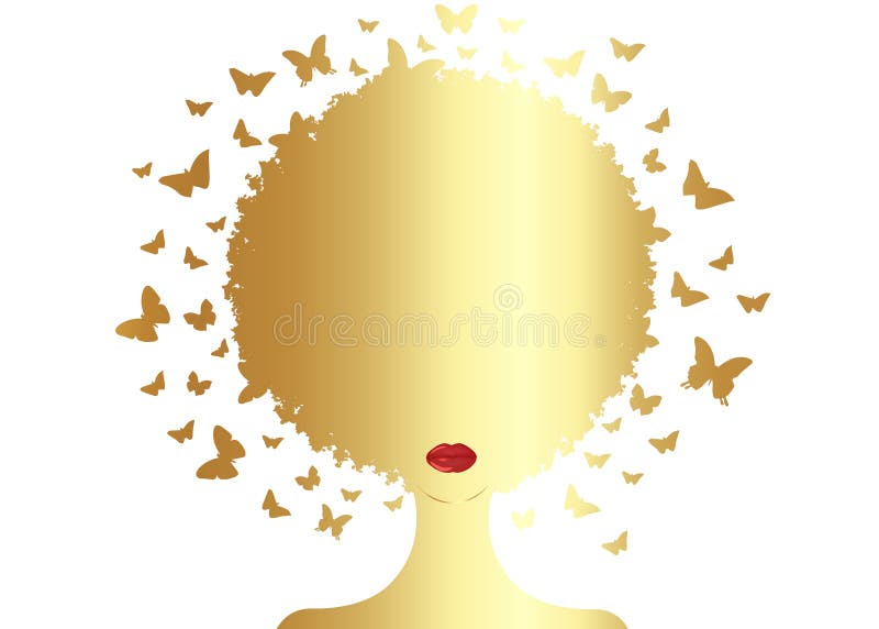 Gold Afro curly butterflies decorative composition with silhouette portrait black girl. Beauty center concept, hairstyle salon