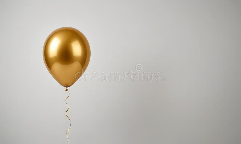 The image features a single, shiny gold balloon floating against a plain white background. The balloon is the main subject, with its golden color and smooth surface standing out prominently. The balloon is positioned in the top left corner of the image, creating a sense of depth and perspective. The background is a stark white, which contrasts with the gold of the balloon and makes it the focal point of the image. The use of light and shadow adds a sense of depth and dimension to the scene. The balloon appears to be floating upwards, suggesting a sense of movement or ascent. The simplicity of the background and the balloon's color contrast with the white wall, making the gold balloon the center of attention. The image does not contain any discernible text or other objects, and the relative position of the balloon to the background remains constant, with the balloon in the top left corner and the white wall in the background. Plain objects illustrations