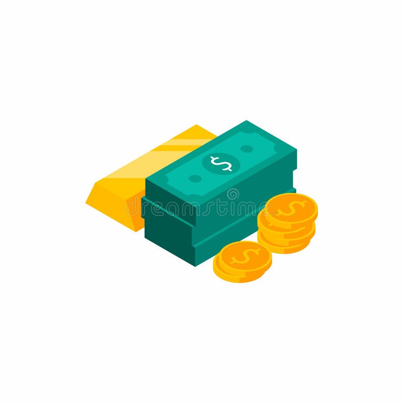 Gold Bar, Dollar and Coin - White Background icon vector isometric stock illustration