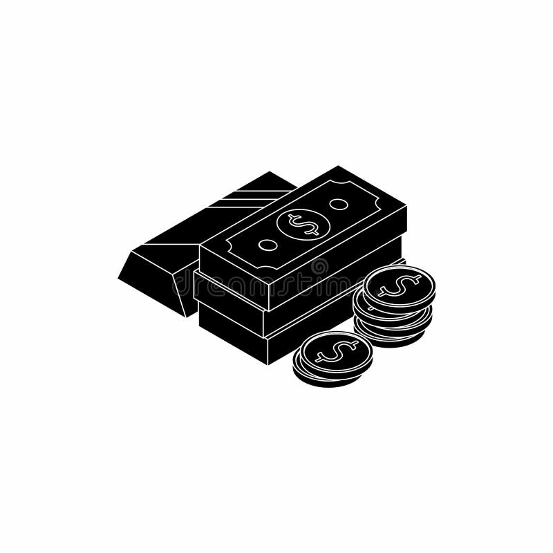 Gold Bar, Dollar and Coin - White Outline icon vector isometric stock illustration