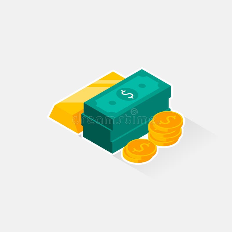 Gold Bar, Dollar and Coin - White Stroke+Shadow icon vector isometric stock illustration