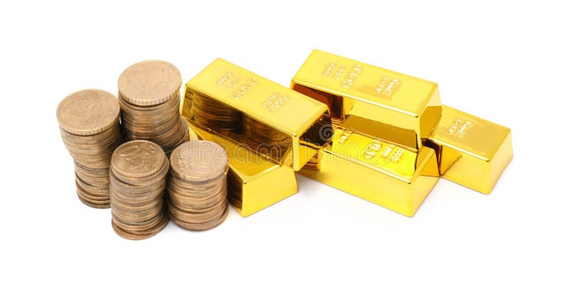 Gold bars and coins isolated on white