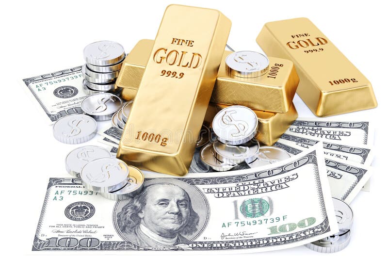 Gold bars, coins and paper money. on white. Gold bars, coins and paper money. on white.