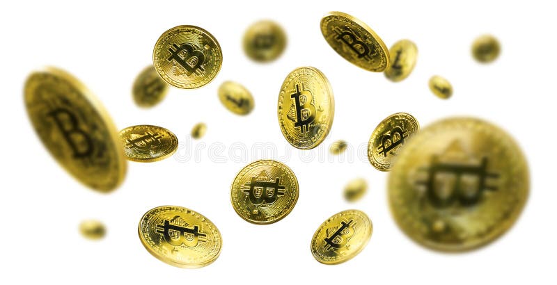 Gold Bitcoin coins flying on a white background