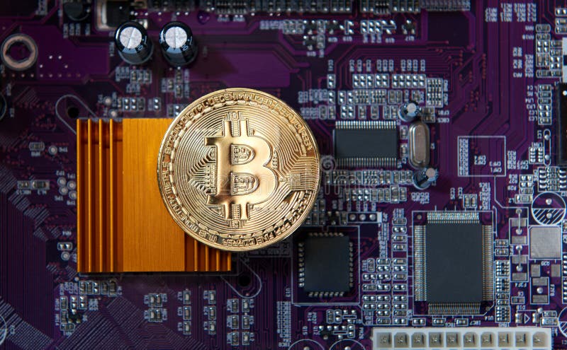 Gold Bitcoin electronic computer processor board stock images