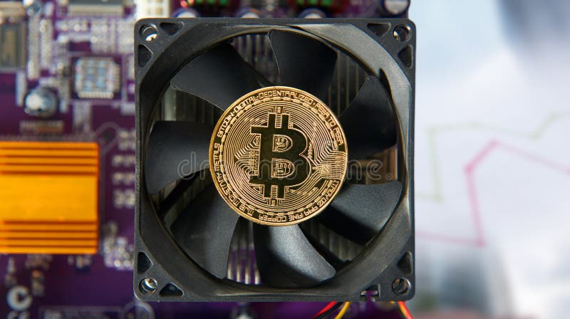Gold Bitcoin electronic computer processor board. Virtual cryptocurrency concept