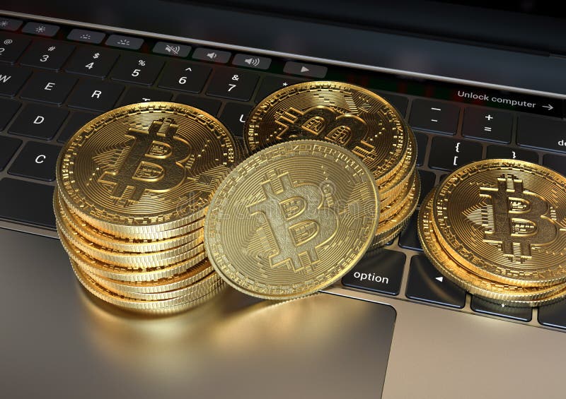 Gold Bitcoin Virtual Money Close-up, Keyboard Background Stock Photo ...