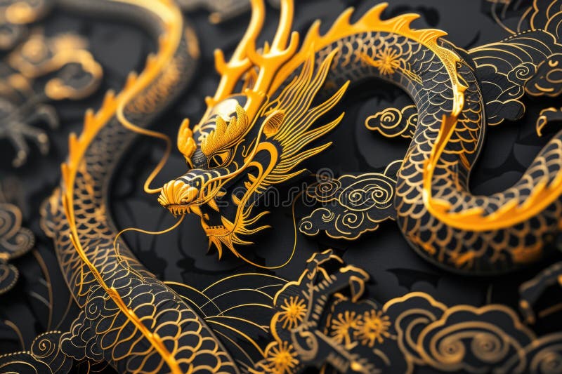 A gold and black dragon with a long tail stock photos