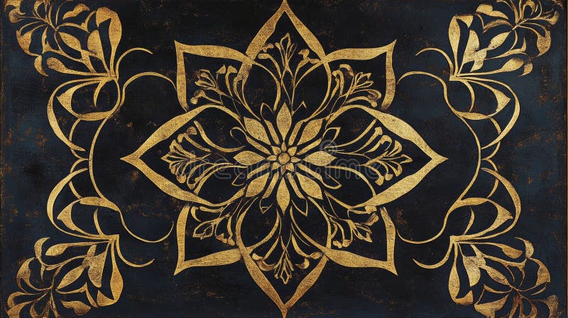 A gold and black flower design on a rug stock illustration