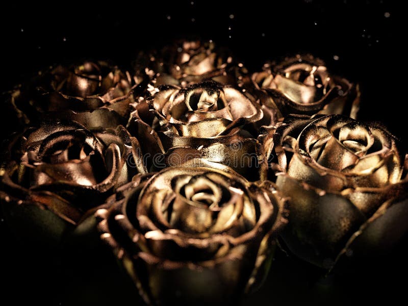 Gold Black Flower Black Stone Rose on a Black Background . 3d Render