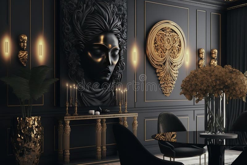 Gold and Black Interior Design. Generative Ai Stock Illustration