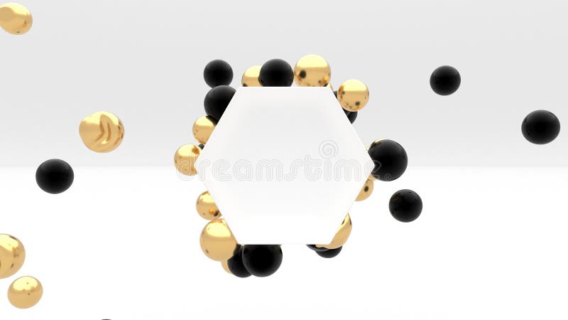 The gold and black spheres are of varying sizes and are scattered around the hexagon intro 3d r stock illustration