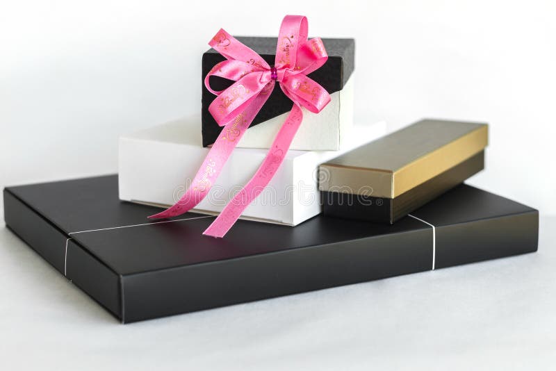 Black and White Gift Box with Blue and Pink Ribbon Bow Stock Image