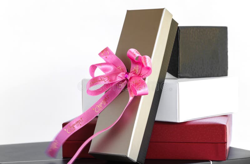 Gold Black White and Red Gift Box with Pink Ribbon Bow , Isolat Stock