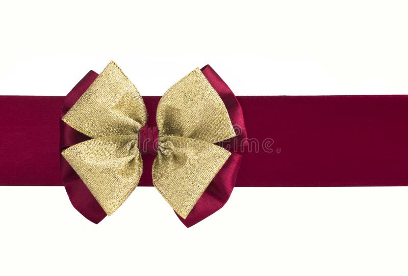 Gold Bow, Burgundy Ribbon on a White Background Stock Photo - Image of  package, decoration: 188336190