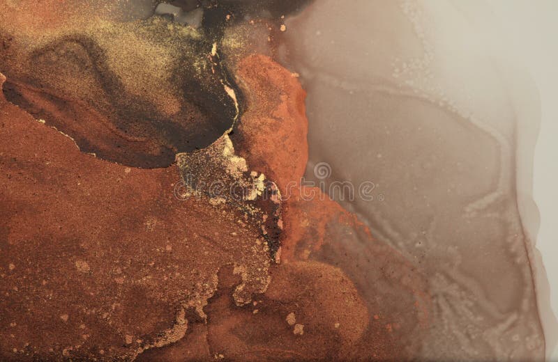 Gold and bronze grunge wall. Abstract painting flow blots background. Alcohol ink colors. Marble rust texture