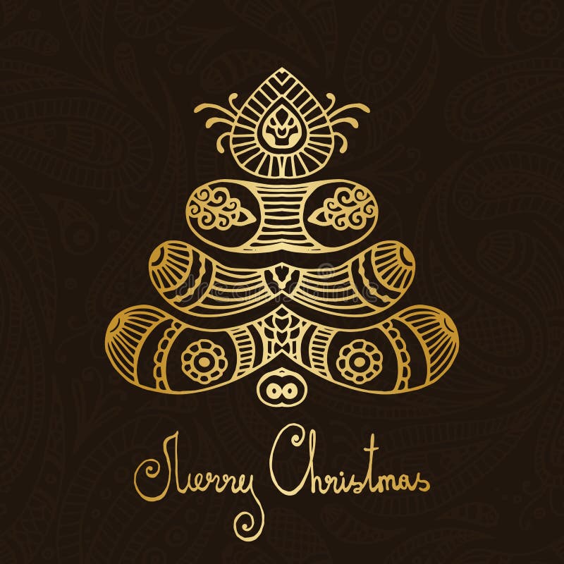 Gold and brown paisley merry christmas tree