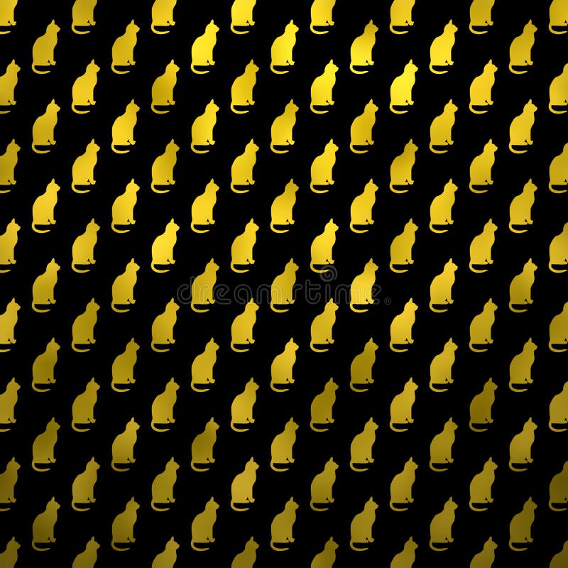 Gold Cat Pattern Faux Foil Metallic Cats Black Background Stock