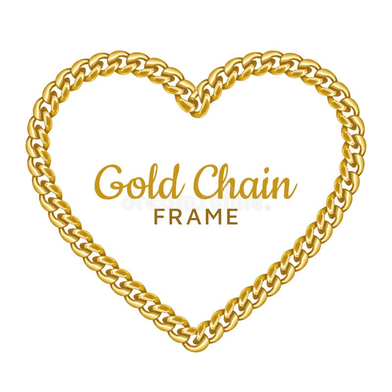 Gold chain heart love border frame. Wreath shape. Jewelry design. royalty free illustration