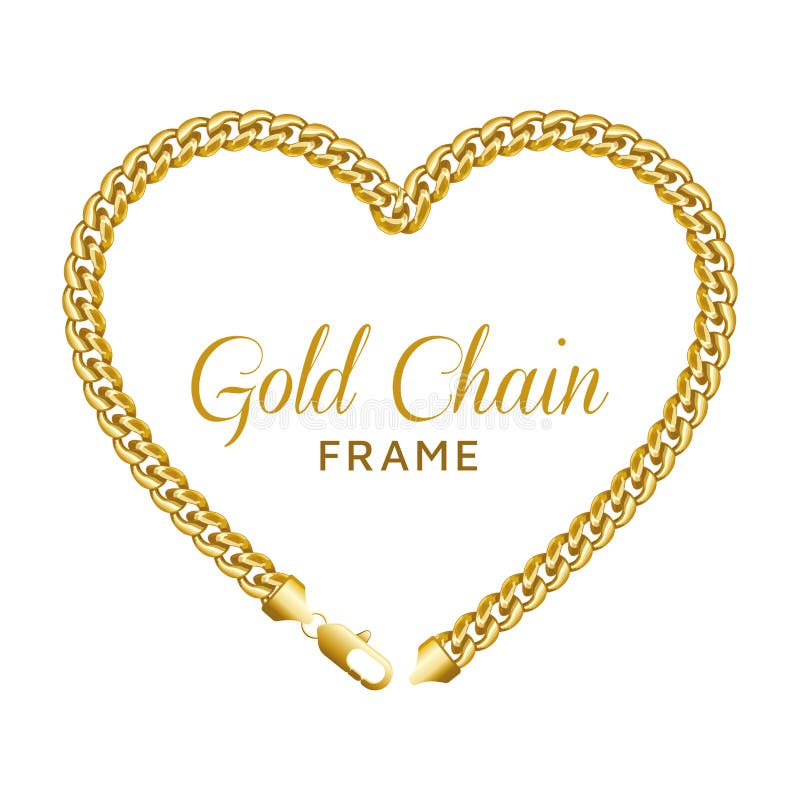 Gold chain heart love border frame. Wreath shape with a lobster lock. vector illustration