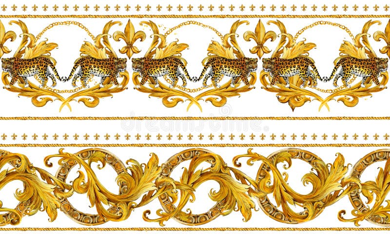 Gold chains seamless border. luxury illustration. golden leopard head and lace. damask pattern design. royalty free illustration