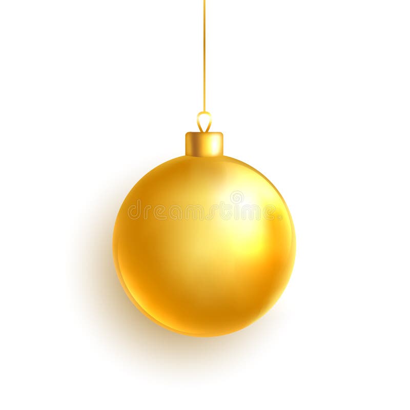 Gold Christmas ball on white background. Golden glass xmas toy. Luxury hanging bauble with ribbon. Bright Holiday