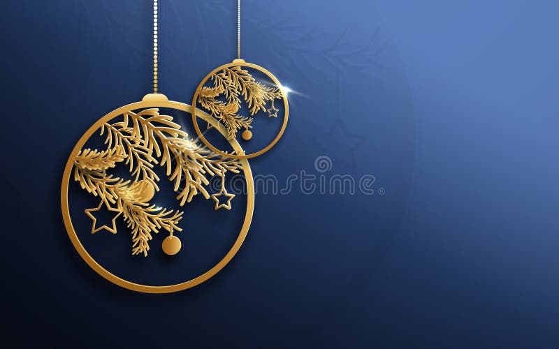 Gold christmas balls and fir tree branches on blue background.  Abstract Luxury. Vector illustration