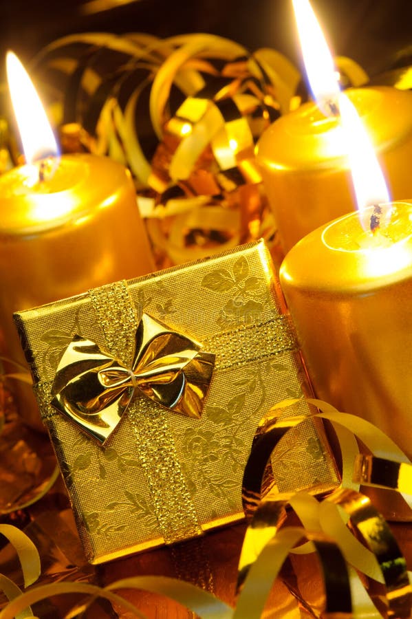 Gold Christmas Candles and Gold Gift Boxes Stock Photo Image of