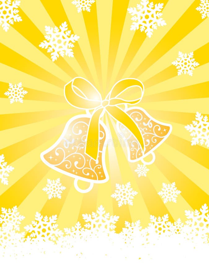 Gold christmas card with bells and snowflakes